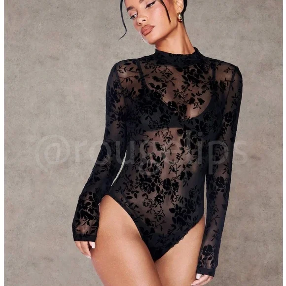 Black Mesh Lace Sheer Long Sleeve Bodysuit - Picture 1 of 14